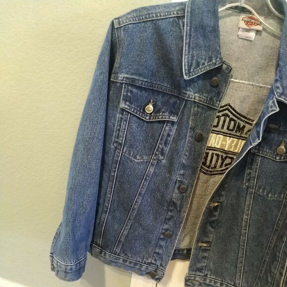Harley Davidson Womens Patch Logo Distressed Jean Jacket Size L 14/16 $285 NICE! - Picture 9 of 12
